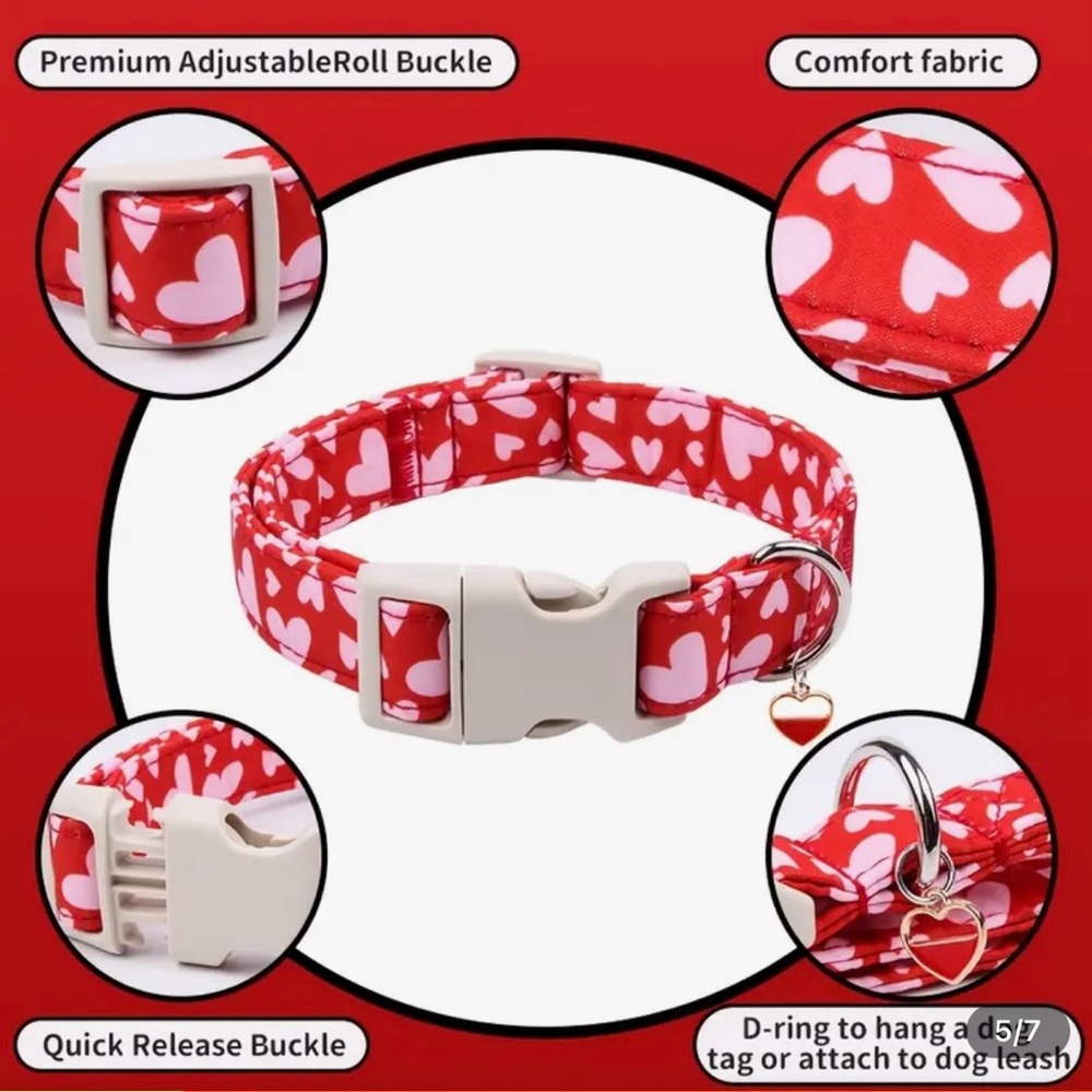 🆕 Red and Pink Heart Dog Collar with metal heart pendant. Quick release buckle. - Picture 4 of 5